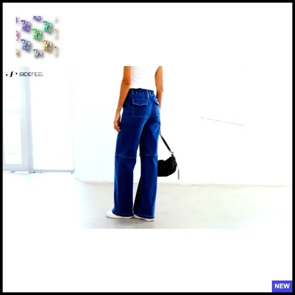 Wide Leg High Waisted Jeans Stretchy Straight Leg Drawstring Pull On Denim Pants